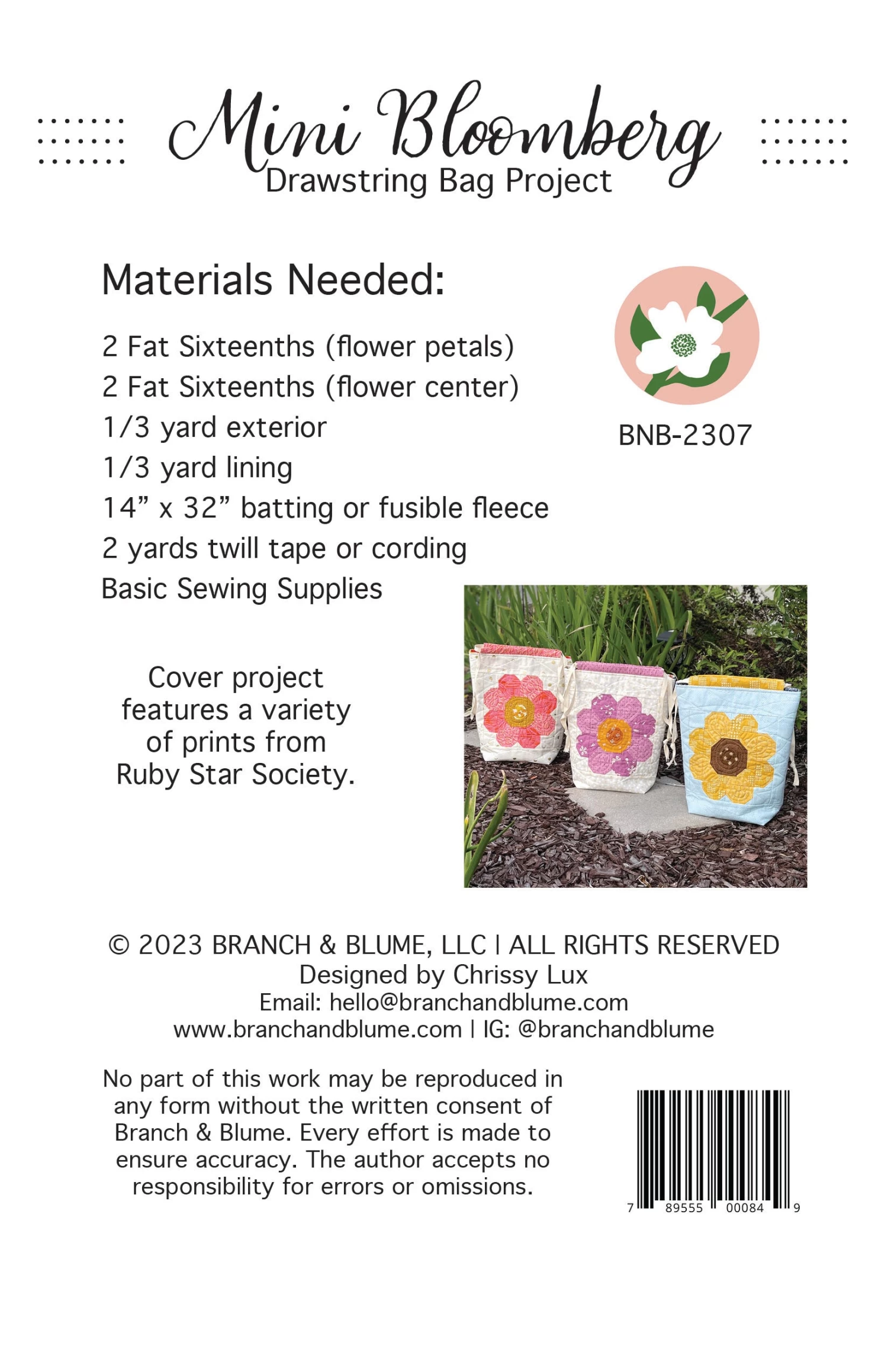 Mini Bloomberg Drawstring Bag Downloadable PDF Sewing PatternBranch & Blume 2 Mini Bloomberg Drawstring Bag Downloadable PDF Sewing PatternBranch & Blume - Image 2