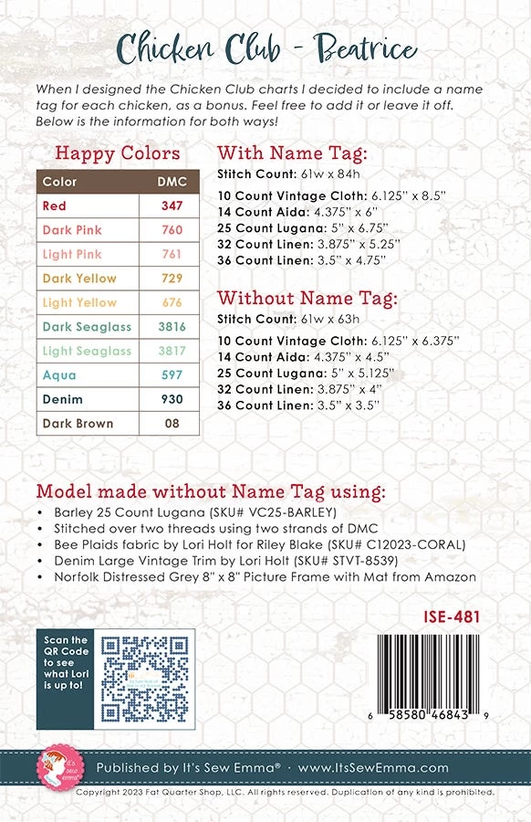 Beatrice Chicken Club #4 Downloadable PDF Cross Stitch PatternLori Holt Of Bee In My Bonnet 2 Beatrice Chicken Club #4 Downloadable PDF Cross Stitch PatternLori Holt Of Bee In My Bonnet - Image 2