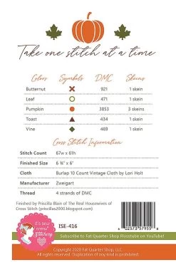 Hey Pumpkin Cross Stitch PatternIt's Sew Emma #ISE-416 -Fabric Sewing Store heypumpkin back