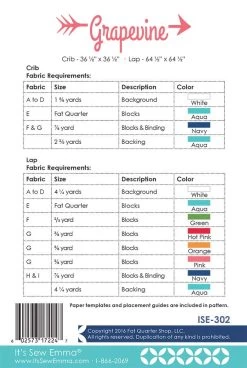 Grapevine Impressions Quilt PatternIt's Sew Emma #ISE-302 -Fabric Sewing Store ise grapevinepdf back